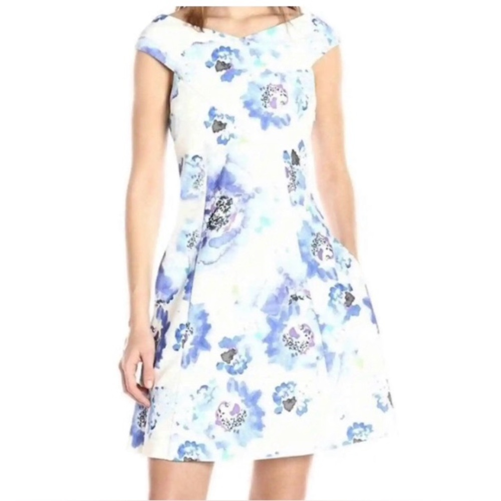 RACHEL Rachel Roy White Midi Dress Watercolor Floral Pattern Pockets Heavy NEW